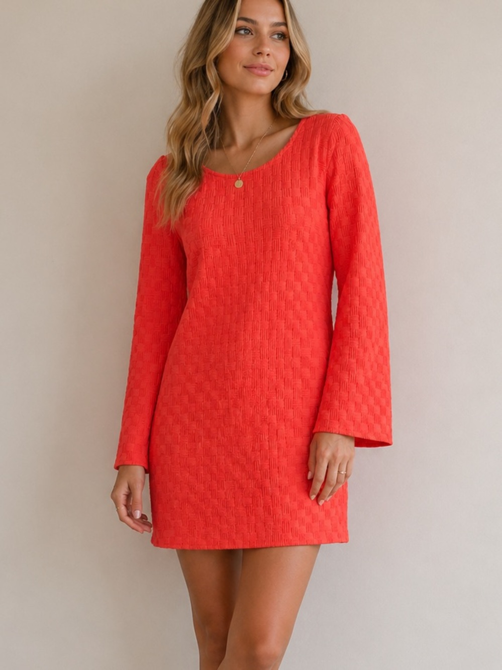 TOPSHOP coral/Pink long sleeve low back dress Size 12 Bright coral pink orange
